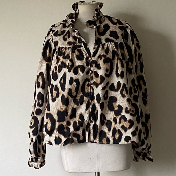 H&M Leopard Edwardian Puff Sleeve Ruffle Blouse - Picture 5 of 7